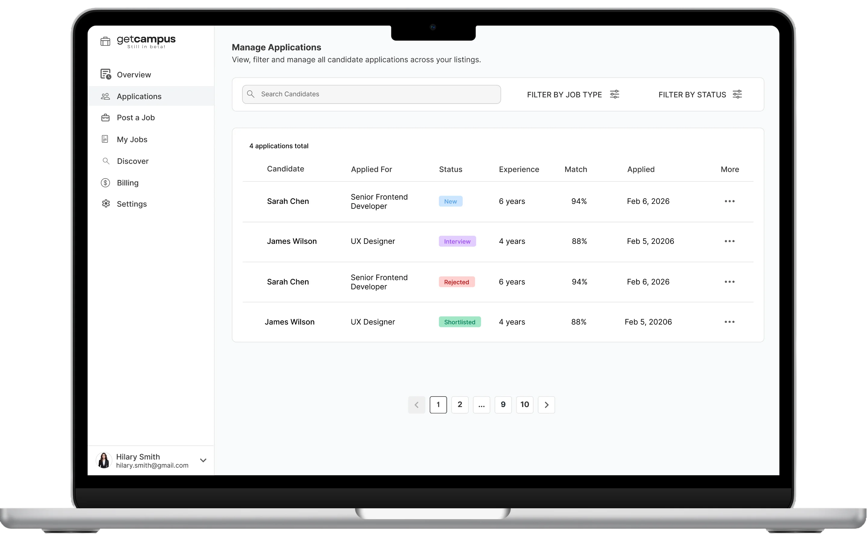 Project interface screen